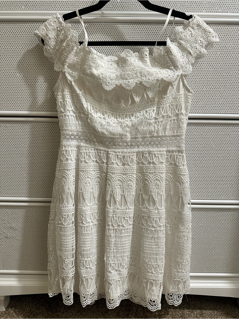 Francesca's Collections White Off the Shoulder Crochet Lace Dress